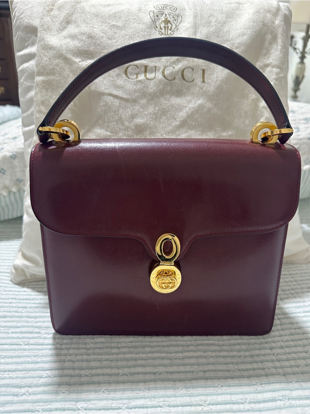 Vintage Gucci Wine Leather Top-Handle Satchel with Gold Hardware